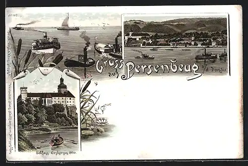 Lithographie Persenbeug a. Donau, Schloss Erzherzog Otto, Ortsansicht