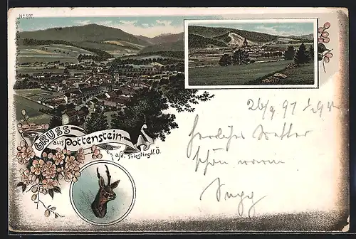 Lithographie Pottenstein a. d. Triesting, Ortsansicht aus der Vogelschau, Panoramaansicht mit Kirche
