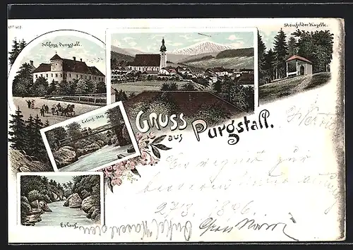 Lithographie Purgstall, Schloss Purgstall, Steinfelder-Kapelle, Erlauf-Steg