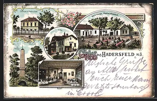 Lithographie Hadersfeld, Gasthaus von Alois Aigner, Inneres Saal, Villa