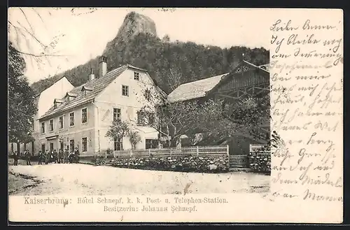 AK Kaiserbrunn, Hotel Schnepf, K. k. Post- u. Telephon-Station, Bes. Johanna Schnepf