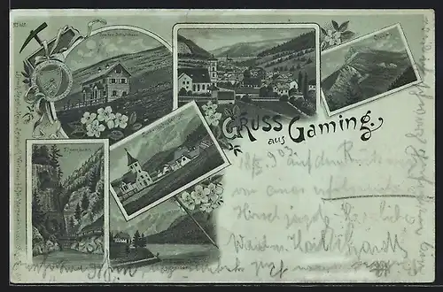 Lithographie Gaming, Teilansicht mit Kirche, Ötscher Schutzhaus, Lunzersee