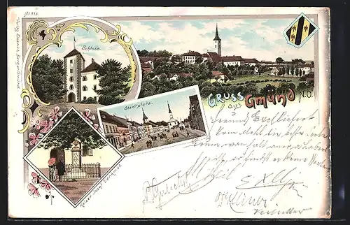 Lithographie Gmünd, Schloss, Stadtplatz und Kaiser Josef Denkmal