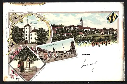 Lithographie Gmünd, Kaiser Josef Denkmal, Schloss, Stadtplatz