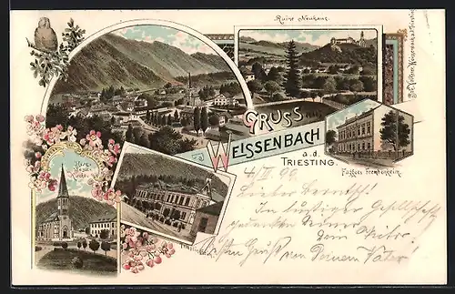 Lithographie Weissenbach a.d. Triesting, Fuggers Fremdenheim, Triestingheim, Herz-Jesu-Kirche, Ruine Neuhaus