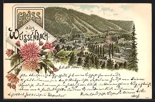 Lithographie Weissenbach, Panoramaansicht der Ortschaft und Umgebung