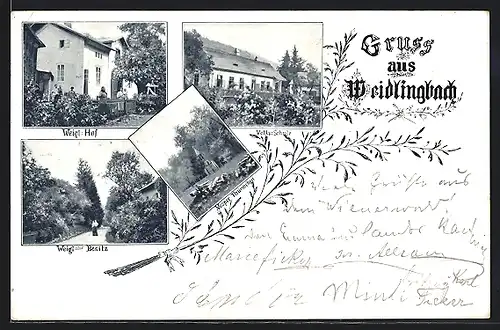 AK Weidlingbach, Weigl-Hof und -Besitz, Mesner-Thürmchen, Volksschule