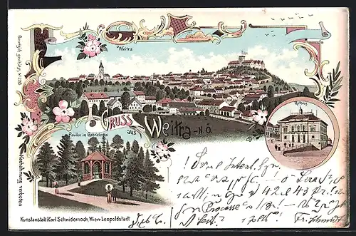 Lithographie Weitra, Rathaus, Pavillon im Gabrielental, Ortsansicht