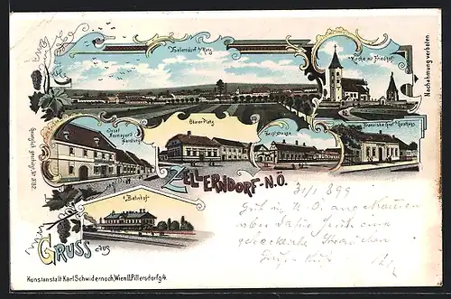 Lithographie Zellerndorf, Franziska Grafs Gasthaus, Bahnhof, Josef Neumayers Handlung