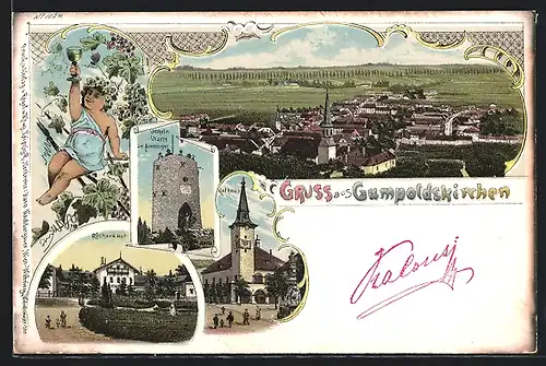 Lithographie Gumpoldskirchen, Am Richard Hof, Rathaus