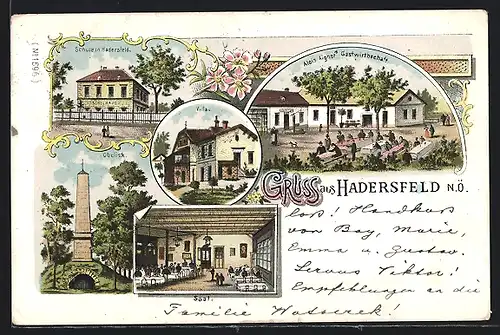 Lithographie Hadersfeld, Alois Aigner`s Gasthaus, Schule, Villa