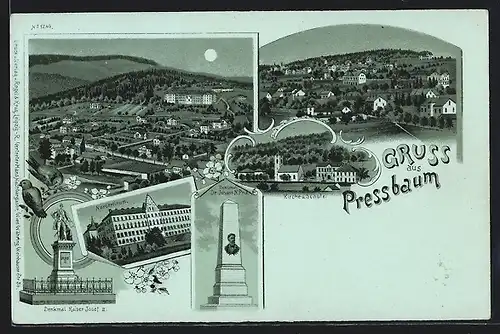 Lithographie Pressbaum, Ortsansichten, Norbertinum, Kaiserdenkmal