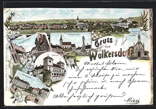 Lithographie Wolkersdorf, Blick in die Hauptstrasse, Kirchenplatz