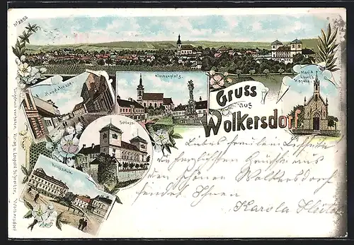 Lithographie Wolkersdorf, Am Schloss, Volksschule, Maria Lourd`s Kapelle