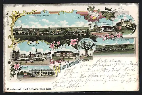 Lithographie Wolkersdorf a. d. Staatsbahn, Kirchenplatz, Schloss, Bahnhof