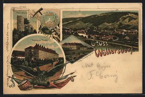 Lithographie Wöllersdorf, Franz Josephs Kaserne, Kaserne am Wasser, Höllenturm