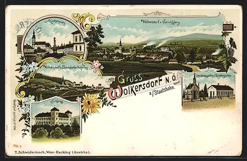 Lithographie Wolkersdorf, Schloss, Loudeskapelle mit Kindergarten, Kirchenplatz