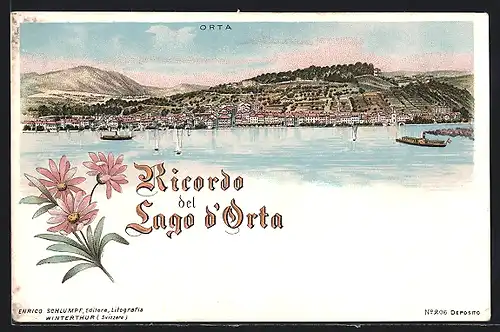 Lithographie Orta, Lago d`Orta, Dampfer auf dem See