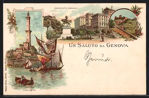 Lithographie Genova, Lanterna, Monumento Vitto. Emanuele, Fort-Sperone