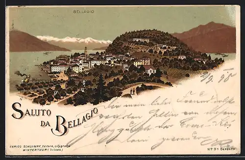 Lithographie Bellagio, Gesamtansicht mit Umgebung aus der Vogelschau