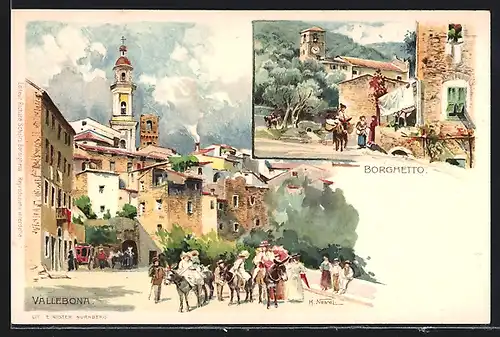 Lithographie Vallebona, una Strada con Chiesa, Borghetto