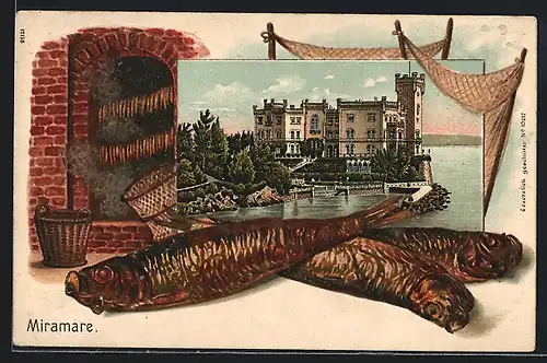 Lithographie Triest, Castello di Miramare, rückseitig Restaurant Stadt Wien, Via Valdirivo 27