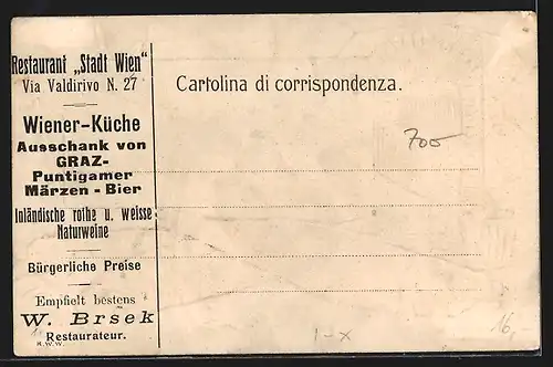 Lithographie Triest, Castello di Miramare, rückseitig Restaurant Stadt Wien, Via Valdirivo 27