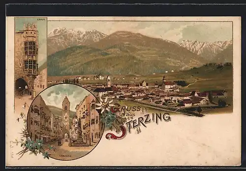 Lithographie Sterzing, Totalansicht mit Strasse und Erker