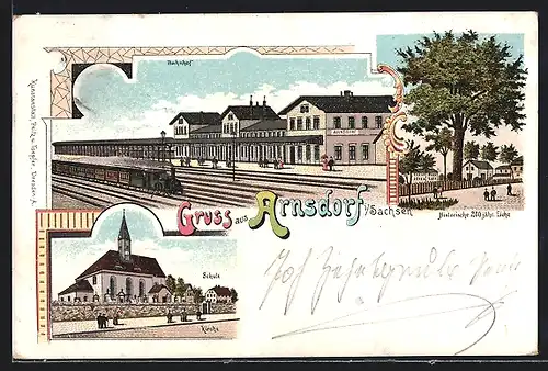 Lithographie Arnsdorf / Sachsen, Bahnhof von der Gleisseite, Historische 200 jährige Eiche