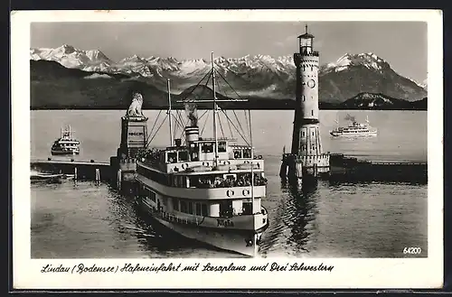 AK Lindau, Hafeneinfahrt mit Scesaplana und Drei Schwestern, Schiff Allgäu und Leuchtturm