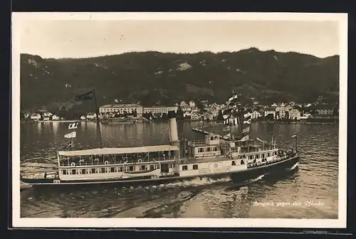 AK Bregenz, Dampfer Stadt Bregenz und Ort gegen Pfänder