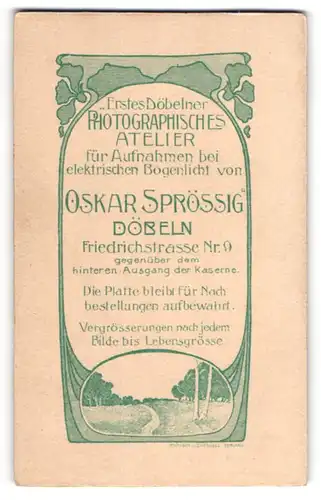 Fotografie Oskar Sprössig, Döbeln, Friedrichstr. 9, Anschrift des Ateliers in schön verzierter Umrandung