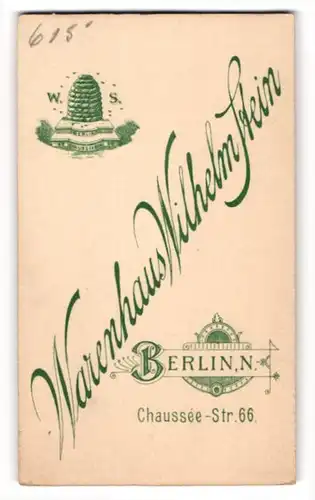Fotografie Warenhaus Wilhelm Stein, Berlin, Chaussee-Str. 66, Bienenstock mit Anschrift des Ateliers Chausseestr
