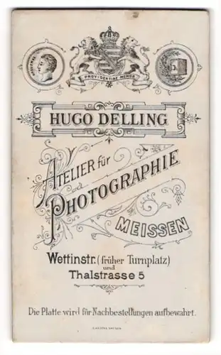 Fotografie Hugo Delling, Meissen, Wettinstr., Königliches Wappen über Anschrift des Ateliers