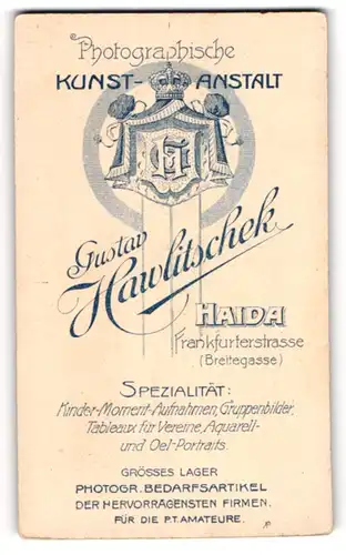 Fotografie Gustav Hawlitschek, Haida, Frankfurterstr., königliches Wappen mit Monogramm des Fotografen