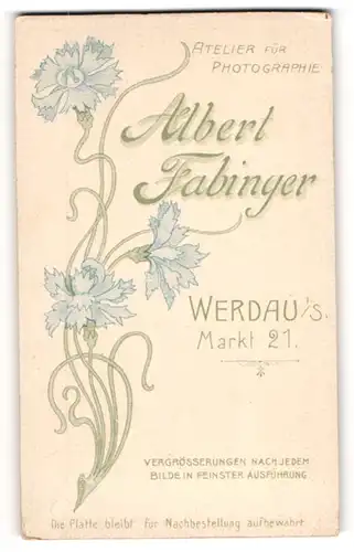 Fotografie Albert Fabinger, Werdau i. S., Markt 21, blühende Kornblume umrankt Anschrift des Ateliers
