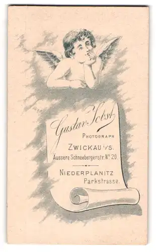 Fotografie Gustav Jobst, Zwickau i. S., Engel über Banderole mit Anschrift des Ateliers