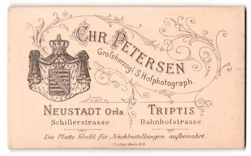Fotografie Chr. Oetersen, Neustadt / Orla, Schillerstr., königliches Wappen nebst Anschrift des Ateliers