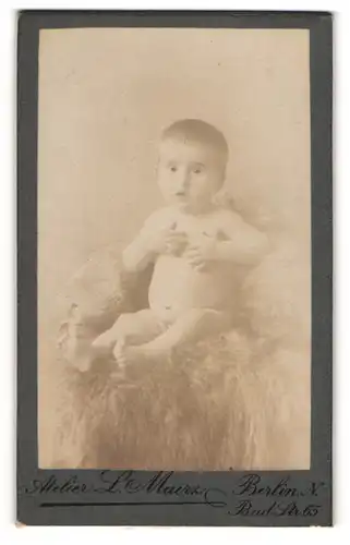 Fotografie L. Maerz, Berlin, Bad Str. 65, Niedliches nacktes Baby mit erstauntem Blick auf Fell sitzend