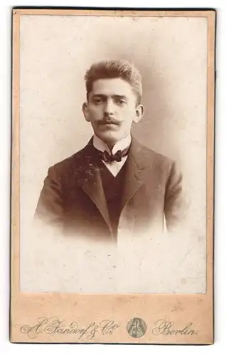 Fotografie A. Jandorf & Co., Berlin, Spittelmarkt 16, Junger Mann im Anzug mit gezwirbeltem Schnurrbart und Fliege