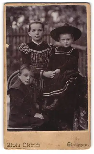 Fotografie Alwin Dietrich, Glauchau, Junge Geschwisterkinder in dunkler eleganter Kleidung und grossem Hut