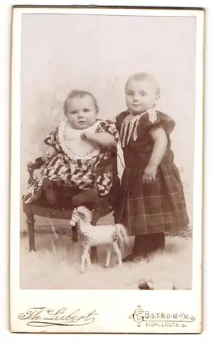 Fotografie Th. Liebert, Güstrow i. M., Mühlenstr. 8, Zwei kleine Kinder in Kleidern mit Spielzeugpferd