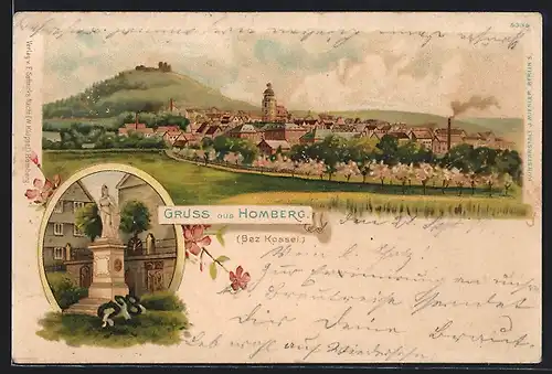 Lithographie Homberg bei Kassel, Denkmal mit Kränzen, Gesamtansicht mit Burg