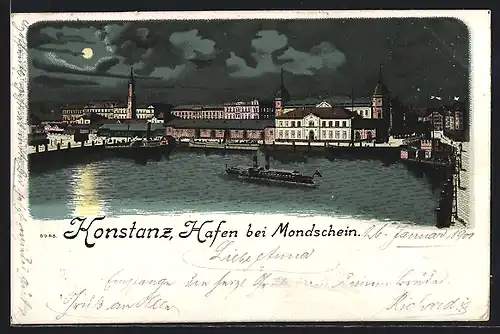 Mondschein-Lithographie Konstanz, Hafen mit Strassenblick aus der Vogelschau, Dampfer