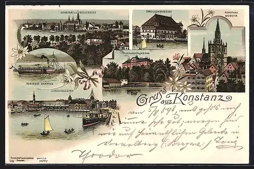 Lithographie Konstanz, Landungssteg, Bodensee mit Dampfer und Schloss Mainau