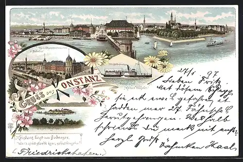 Lithographie Konstanz, Panoramaansicht mit Hafen, Dampfschiff Kaiser Wilhelm