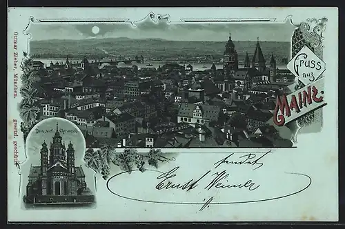 Mondschein-Lithographie Mainz, Westl. Chor des Domes, Teilansicht mit Brücken aus der Vogelschau