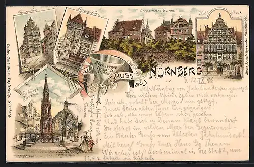 Lithographie Nürnberg, Nassauer-Haus, Schöner Brunnen, Germanisches Museum, Trichter