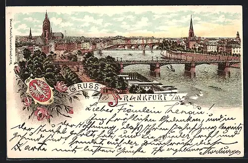 Lithographie Frankfurt a./M., Ortsansicht mit Brücke und Booten