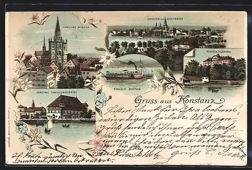 Lithographie Konstanz, Concilium, Bodensee-Dampfer, Ortspartie mit Münster